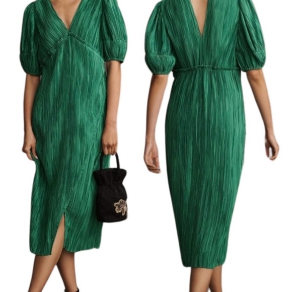 Anthropologie Green Wrap Tie Front Puff Sleeve Midi Dress - Picture 3 of 10